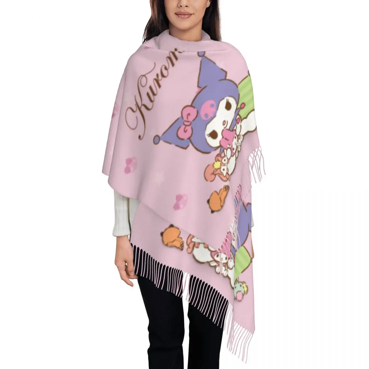 Custom Anime Kawaii Cartoon Kuromi Tassel Scarf Women Winter Warm Shawl Wrap Female Scarves