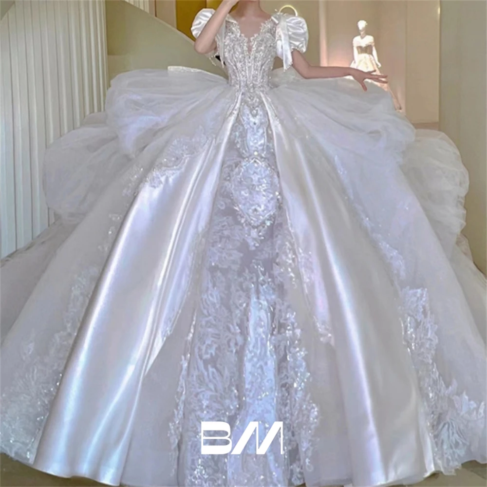 Exquisite Satin Wedding Dress Ball Gown with Beaded Lace Appliques Princess Puff Sleeves with Long Train Bridal Gown