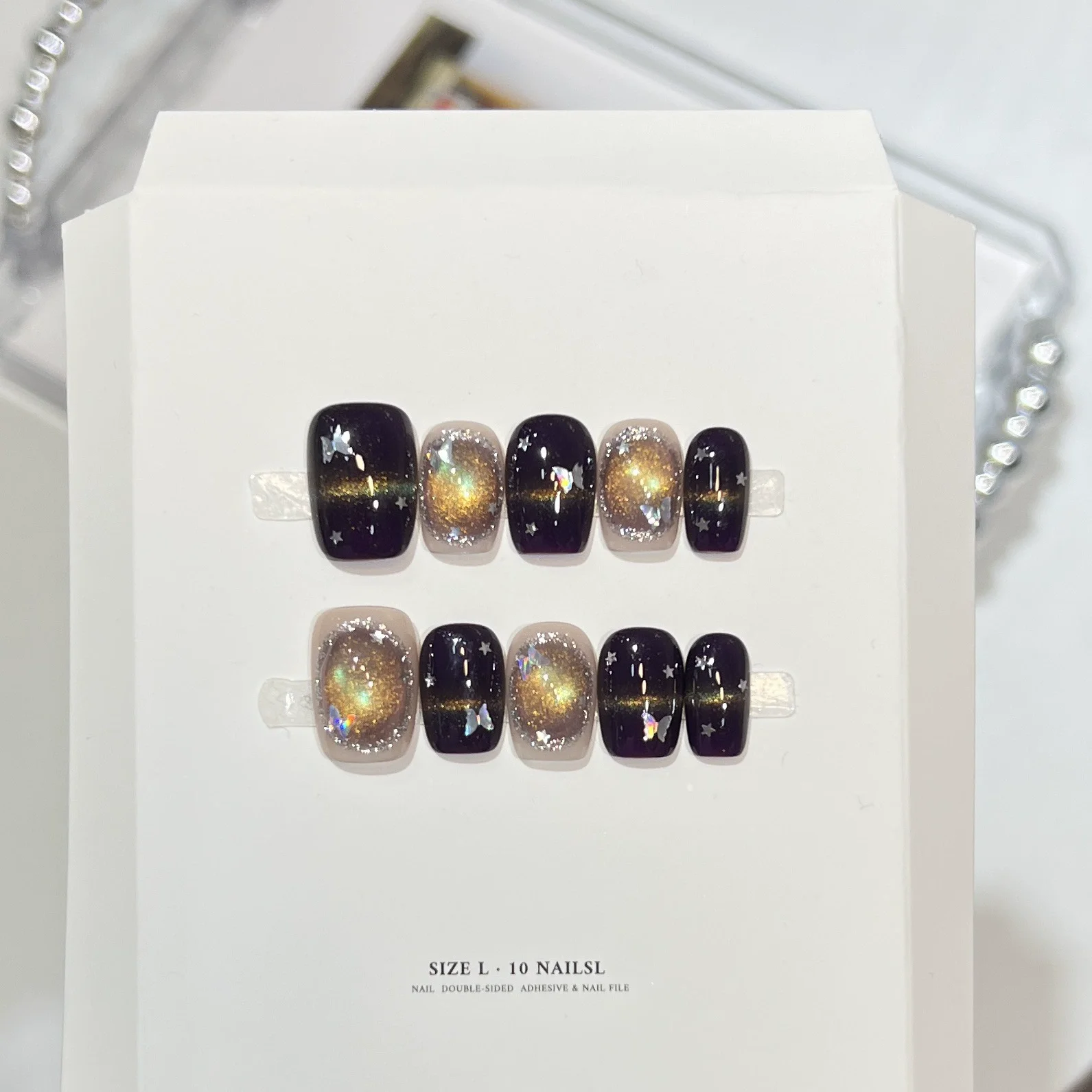 

10 шт., блестящие накладные ногти ручной работы с дизайном «кошачий глаз», зимние серебряные бабочки, короткие квадратные ногти, французский черный маникюр