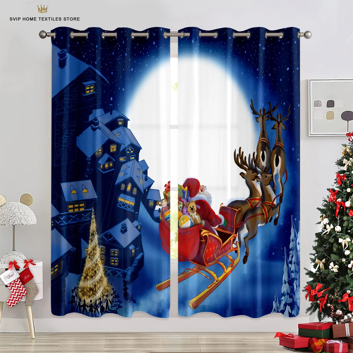 

3D Printing Christmas Curtains, Santa Claus, Snowman, Fireplace, 100% Polyester, Restaurant, Holiday, Party Decoration