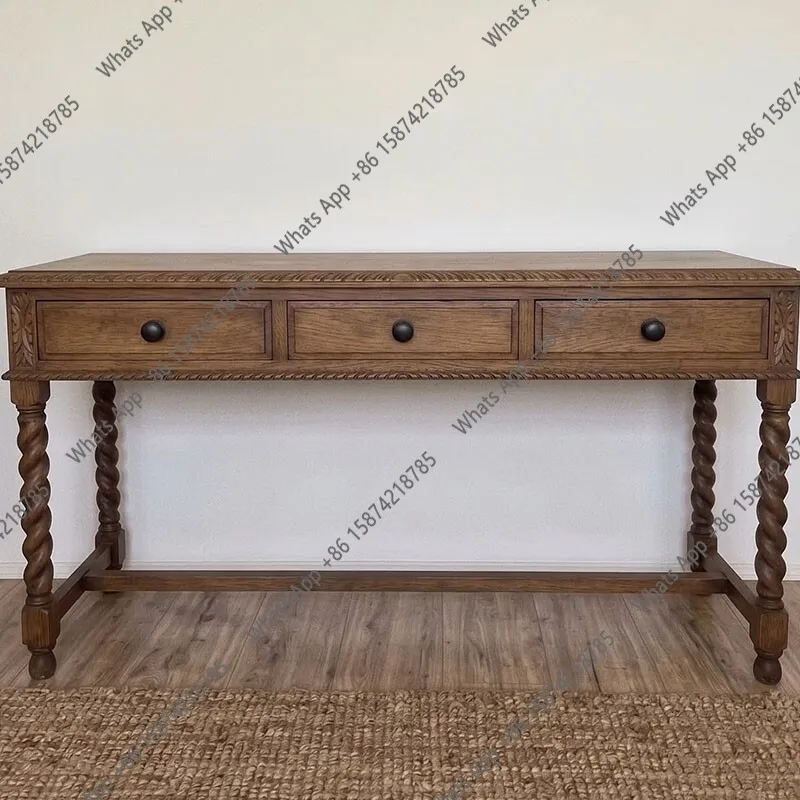 Mn American Retro Twisted Column Solid Wood Porch Table Desk French Country Oak Old Writing Desk