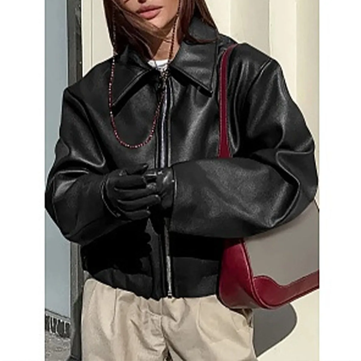 

Retro Wine Red Collar Leather-Like Jacket, Women's Spring/Autumn New Zippered Long Sleeve Short Coat