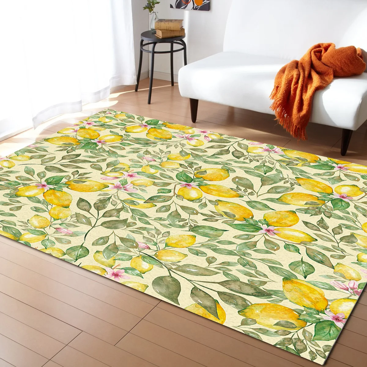 Watercolor Lemon Green Tree Pink Flower Living Room Floor Mat Children's Room Bedroom Bedside Carpet Kitchen Door Mat