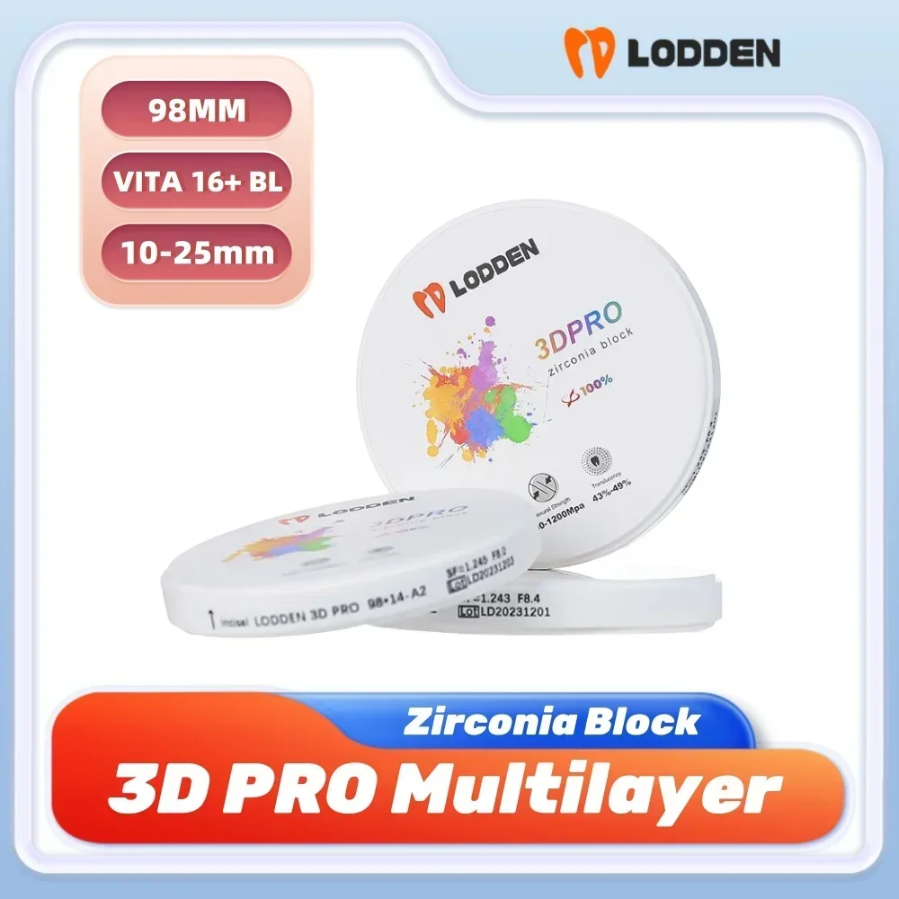 Lodden Zirconia Multilayer Block 98mm * 10-25mm A1 A2 A3 Open System 3D PRO Wielowarstwowy dysk tlenku cyrkonu do materiałów dentystycznych CAD CAM