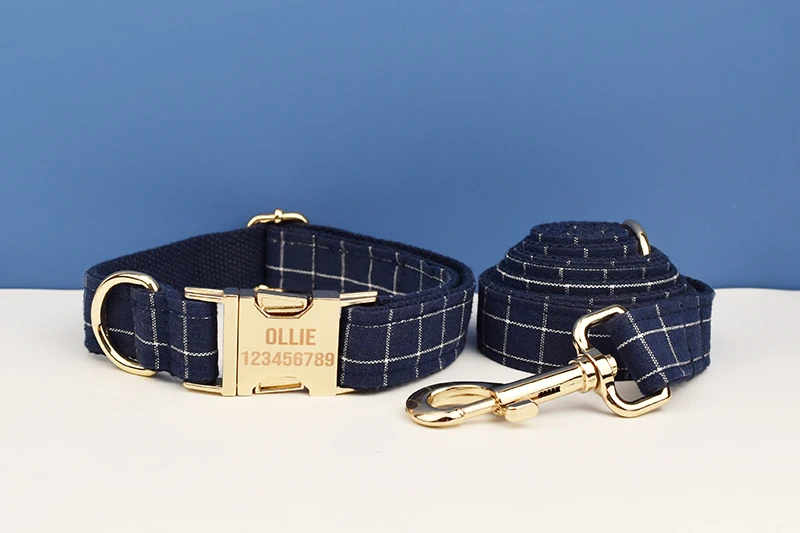 Dark Blue Check Dog Collar Leashes Harness Bow Set Grid 02