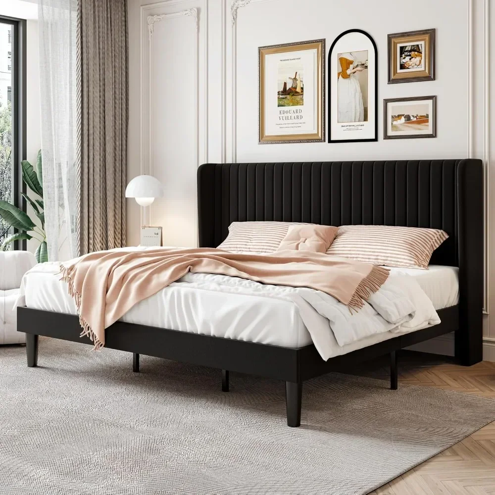 

Size Velvet Bed Frame with Vertical Channel Tufted Wingback Headboard, Upholstered Platform Bed with Wood Slats, No Box Spring