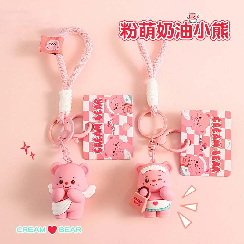 Cute Apricot Color White Gauze Angel Butter Bear Carry Handbag Keychain Hanging Pink Wearing Apron Winking Bear Doll Key Chain image 4