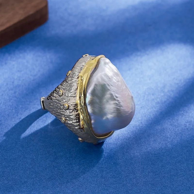 S925 Sterling Silver Charms Rings for Women Contrast Colored Pattern Inlaid Baroque Pearl Zircon Fashion Punk Jewelry Wholesale