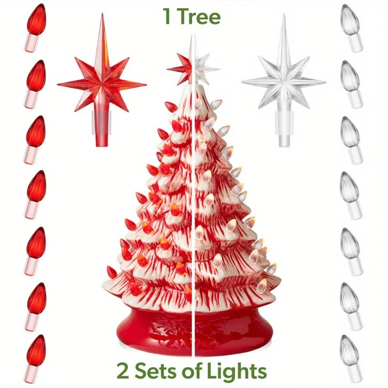 15-inch mint ceramic Christmas tree, pre-lit hand-painted decoration, with lights