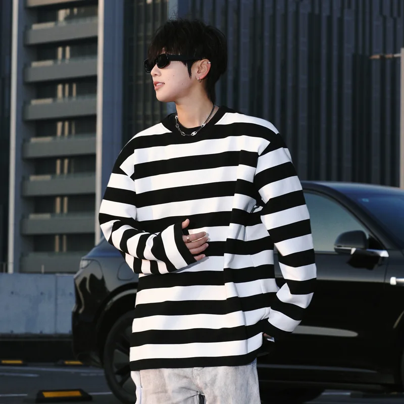 Cool Autumn Handsome Fashion Mens Round Neck Strip T Shirt Hip Hop Classic Casual Tops Women Tops Clothes Males White Daily