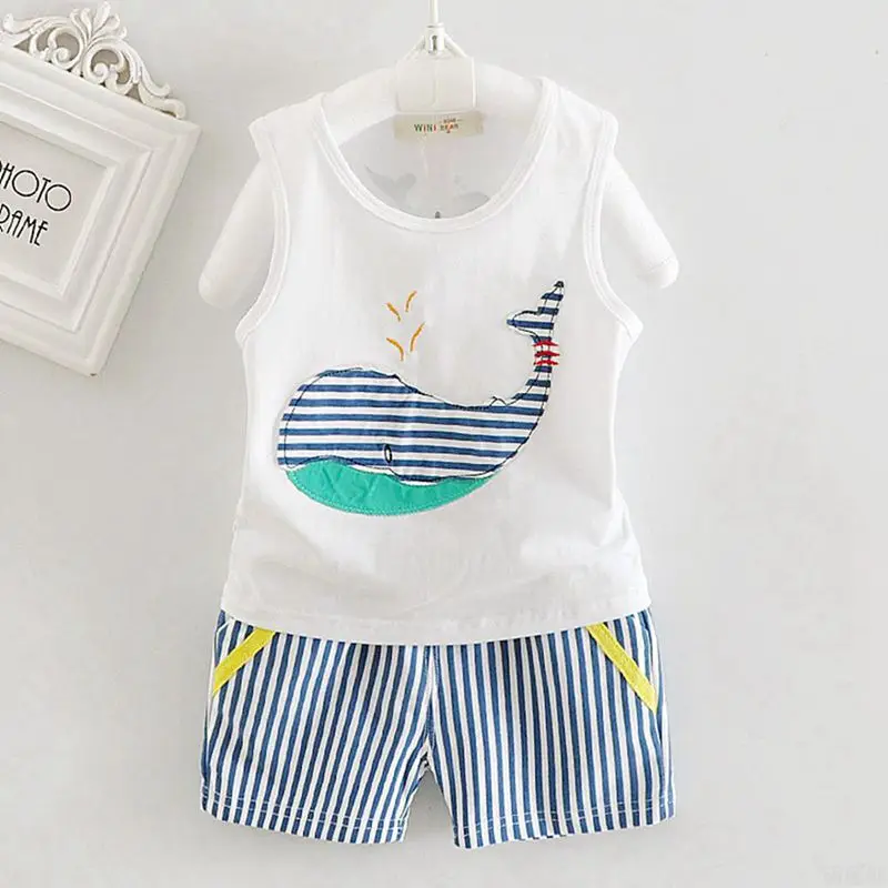 Baby Boy Summer Clothes Toddler Fashion Cartoon Shark Sleeveless Vest Tops and Shorts Two Piece Infant Outfits Sets Kids Suits