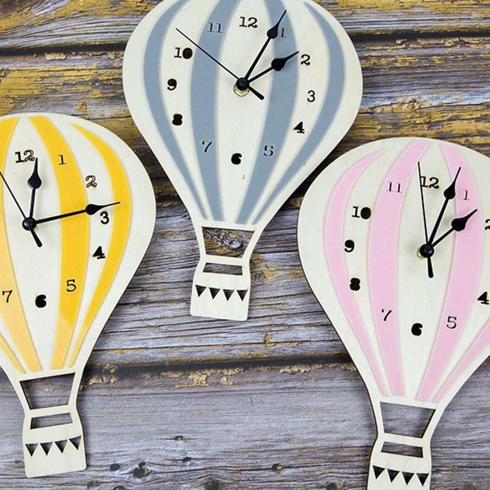 

Cartoon Wall Clock Hot Air Balloon Design Decorative Home Office Children Room Wooden Bedroom Living Room Art Decor