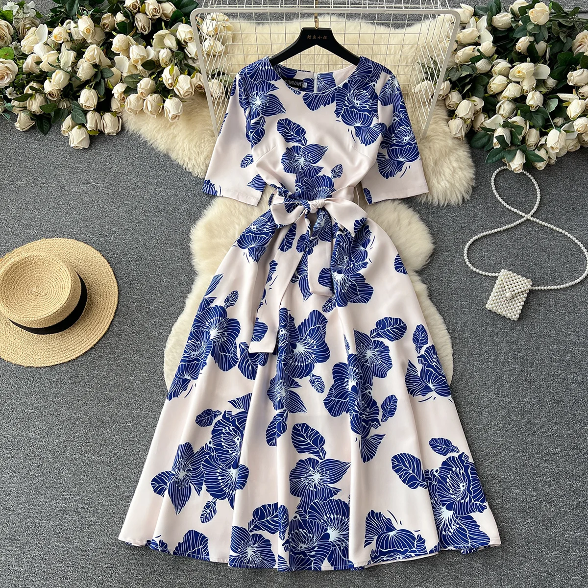 

Dresses For Women 2023 Fashion Clothes Vintage Flower Print Elegant Dress Summer Short Sleeve Round Neck Midi Dress With Belt