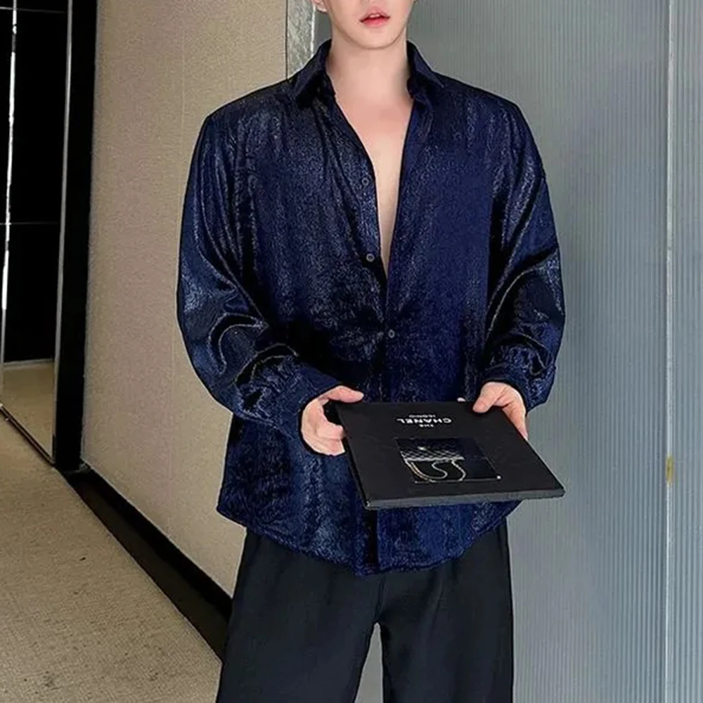 Mens Shirt Metallic Glossy Shirt Autumn Fashion Trend Nightclub Campus Stage Temperament Long-Sleeved Top Men'S Clothing 2024