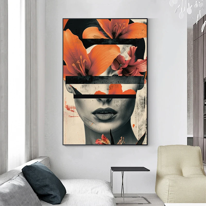 Modern Abstract Orange Lily Woman Print Canvas Painting,Flower Head Woman Poster Wall Art,For Living Room Bedroom Decor,No Frame