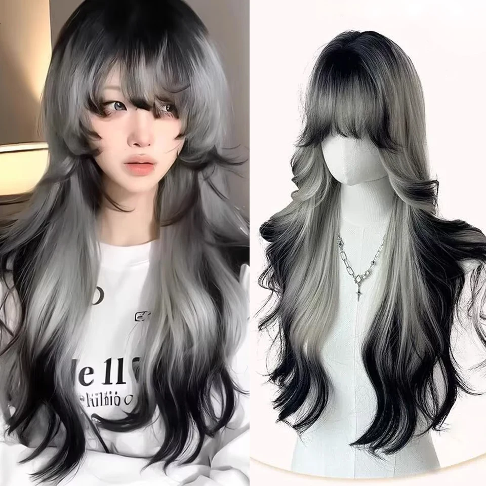 

Long Gradient Black Wavy Wig with Bangs Synthetic Cosplay Lolita Party Hair Wigs for Women Natural Wig Daily Use Halloween Wig