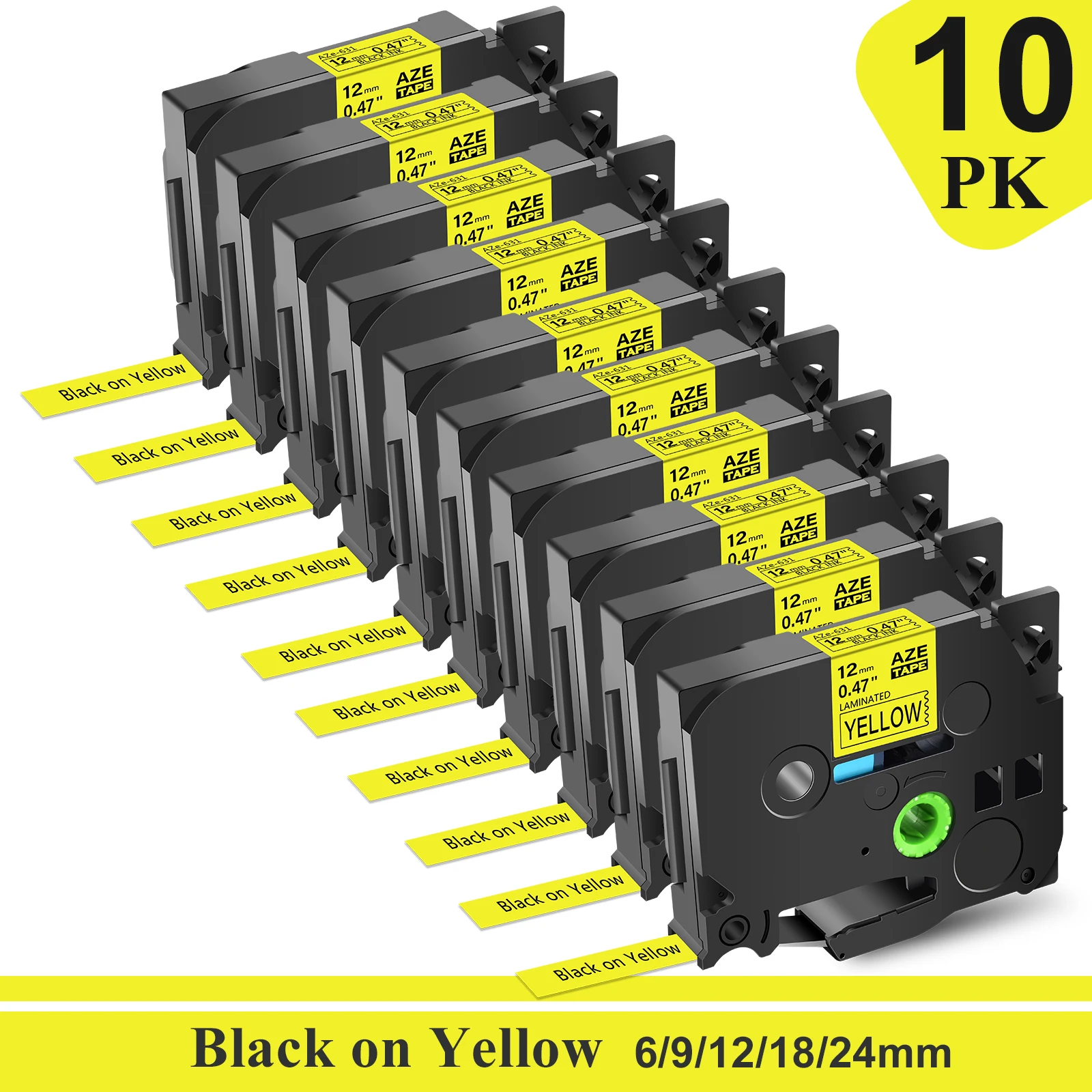 

10PK Black on Yellow 6/9/12/18/24mm Label Tape Compatible for Brother TZE-631 P-Touch Label Printers Standard Laminated Ribbon