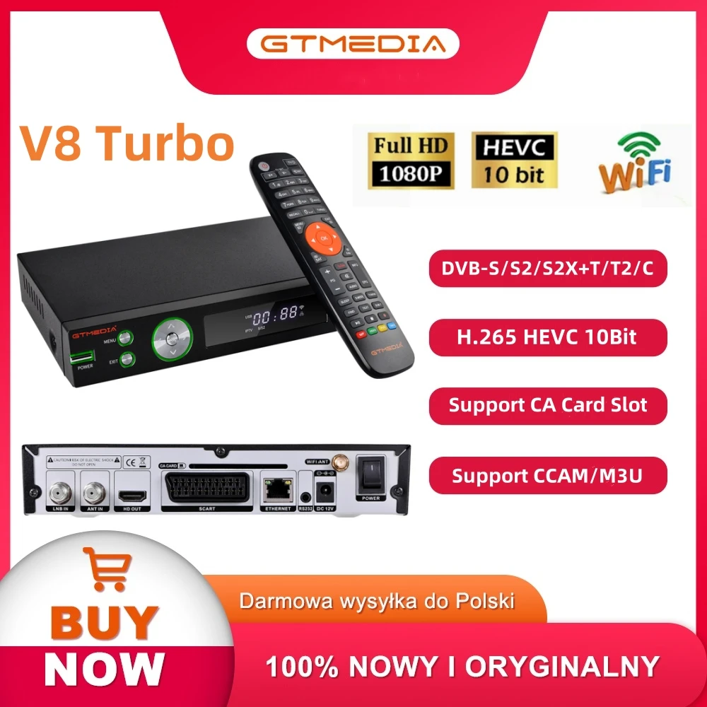Odbiornik telewizji satelitarnej GTMEDIA V8 Turbo DVB-S/S2/S2X+T/T2/C, TDT HD, M3U/CCAM, slot na kartę CA, VCM/ACM, HEVC10bit TV Box, dostępny w Hiszpanii