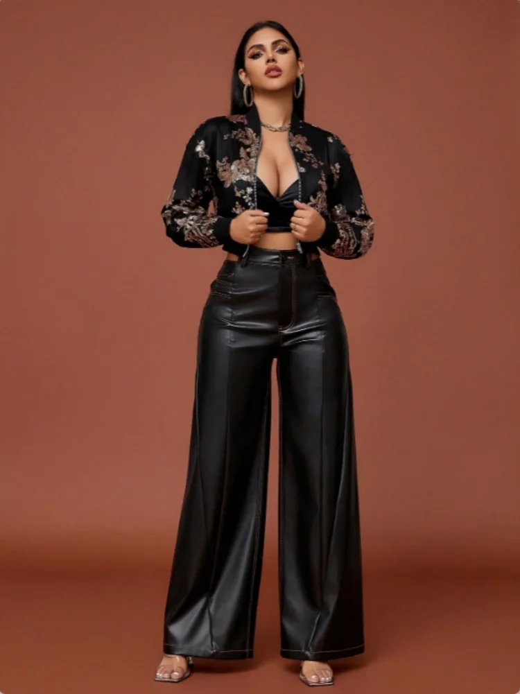 D&M Hot selling 2024 NEW Women Chic Sequin Embellished Short Jacket Casual Round Neck Long Sleeved Autumn Lady Elegant Coats