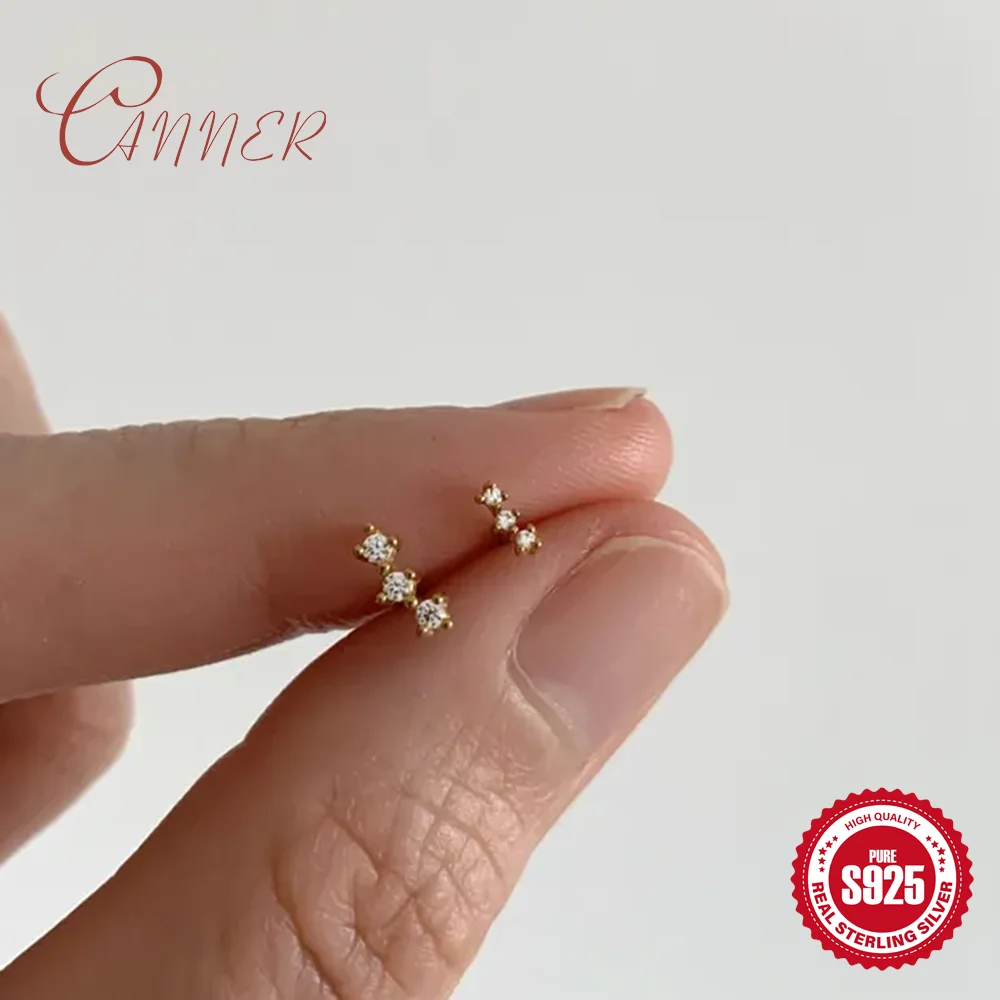 CANNER 925 Sterling Silber Kleine Nieten Drei Geometrische Zirkon-Ohrpiercings mit Flachkopf für Damen Party Geburtstagsgeschenke Schmuck