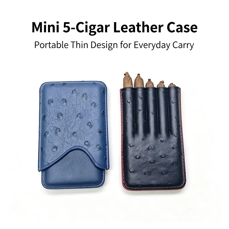 Ostrich Grain PU Leather Mini Cigar Case Portable Cigar Holder Fits 4.75” 30 Ring 5 Cigars Pocket Travel Pouch Gift Box for Men