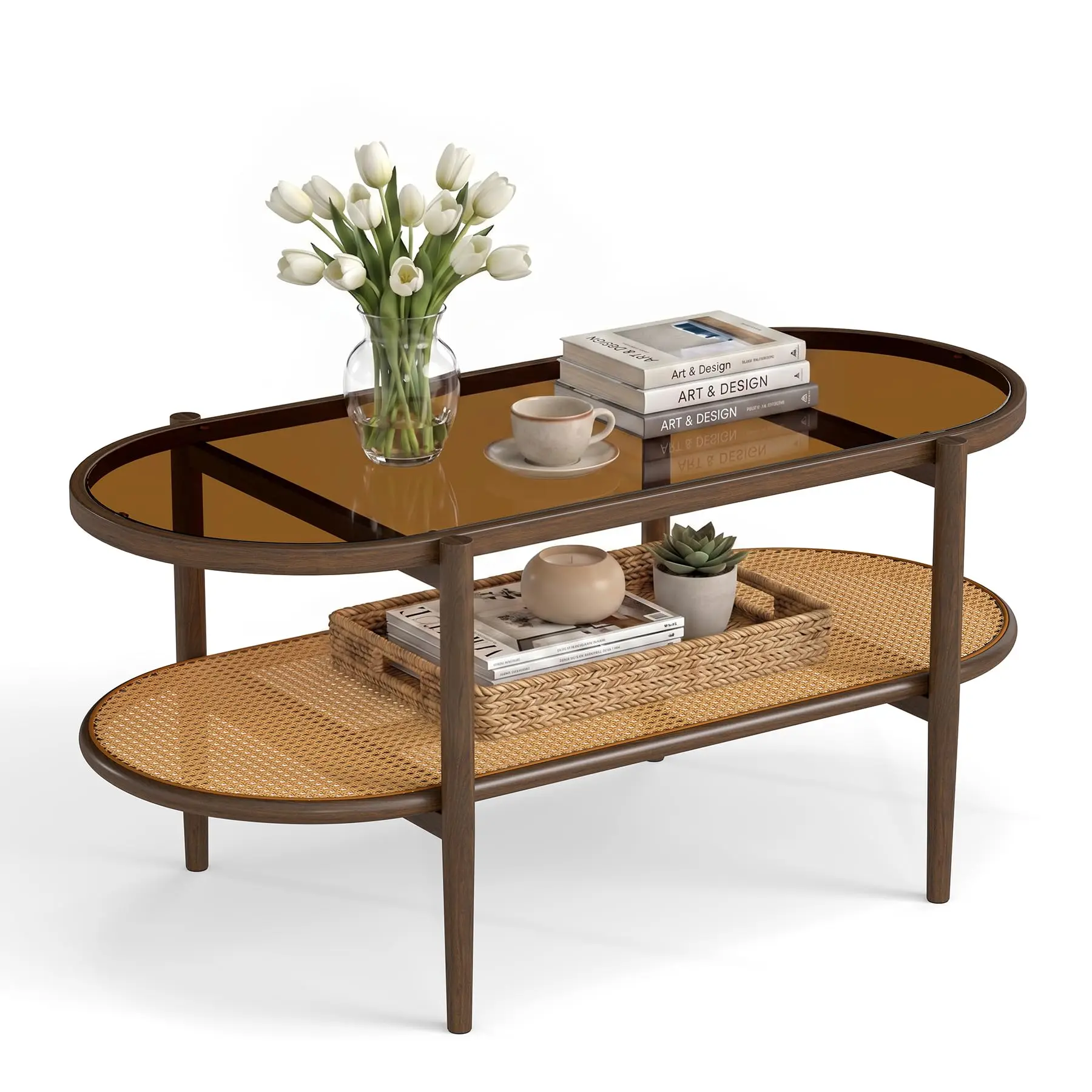 Boho Oval Coffee Table with Storage Shelf, 2-Tier Tempered Glass