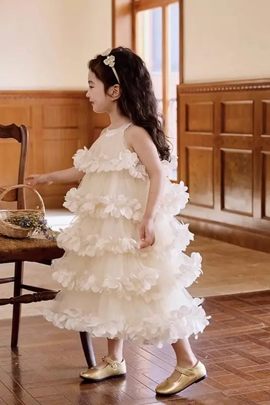 Girl Princess Dress 2025 Summer New Flower Birthday Dress Girl Fairy Yarn Dress Children's Cake Dress