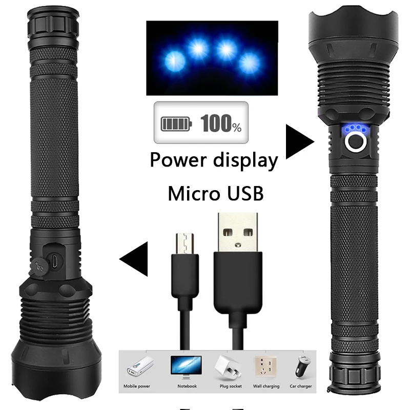 Linterna de luz XHP160 recargable por Usb con zoom, linterna de batería 18650 26650 para acampar, La linterna Led más brillante, 1000 000lm