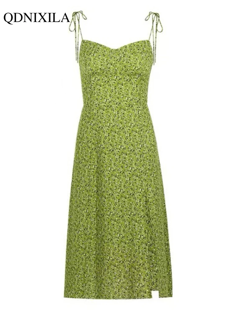 Vestido Midi de verano para mujer, traje elegante con estampado Floral verde, informal, a la moda coreana, ajustado, con tirantes, 2024