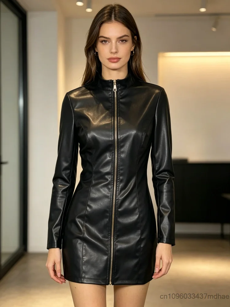 

Glossy PU Leather Sexy Slim-fit Long-sleeved Bodycon Skirt Elegant A-Line Dress Masquerade Party Cosplay Costumes For Women