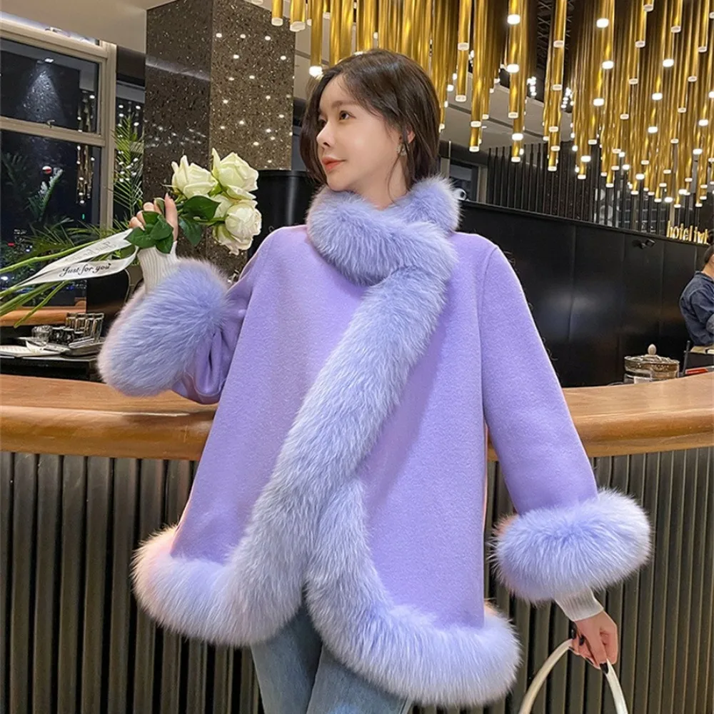 2024 New Women Autumn Real Fox Fur Collar and Cuff Casual Outerwear Long Sleeve Fox Fur Double Side White Woolen Cape Cloak Coat