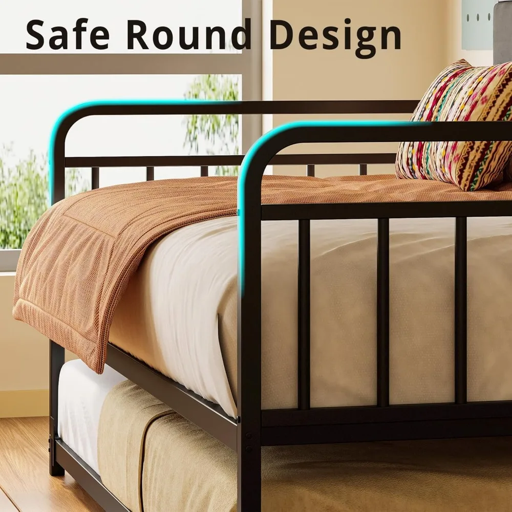 Tempat Tidur Daybed dengan Trundle, Rangka Tempat Tidur Twin XL dari Logam Kokoh dengan Sandaran Kepala Berlapis dan Stasiun Pengisian Daya untuk Ruang Tamu