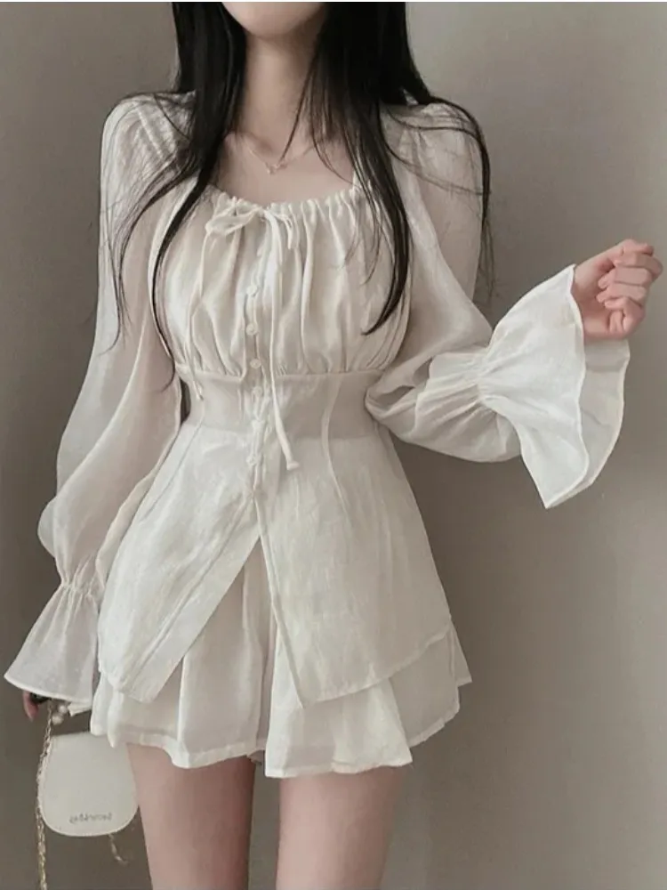 Spring New Arrival Women's Long Sleeve Sun Protection Shirt High Waist Shorts Set Commute Style Regular Fit Medium Softness
