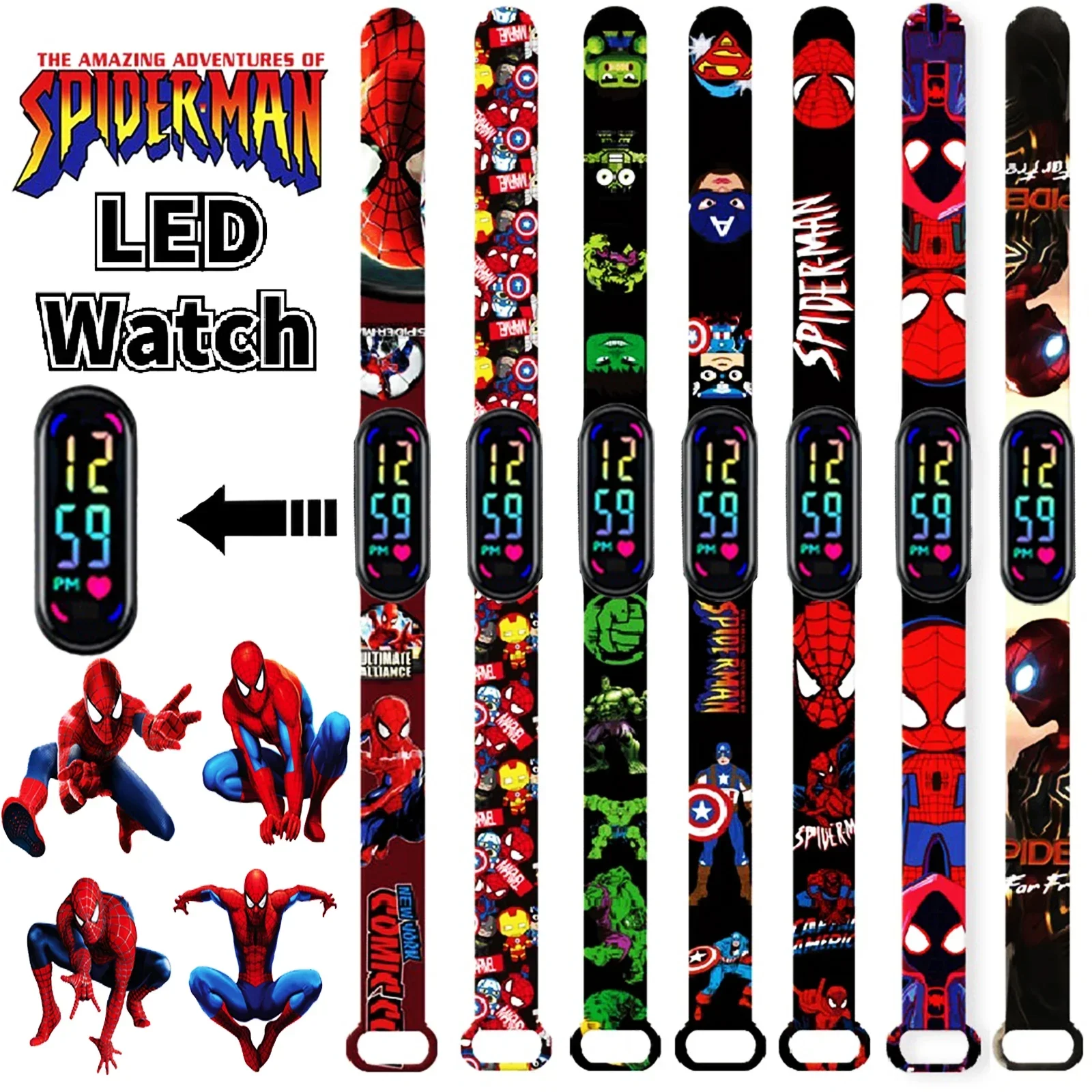 Disney Frozen Spiderman Iron Man Hulk Children's Anime Figure Bracelet Wristwatch Cartoon Electronic LED Touch Student Toys Gift