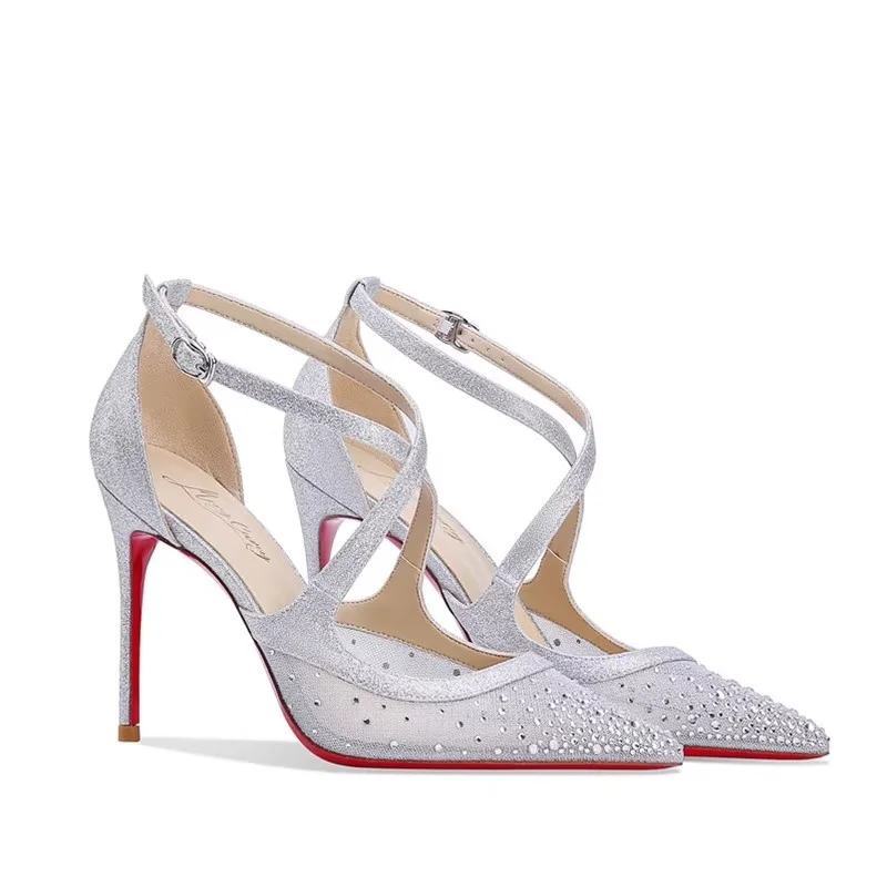 

Summer pointed hollow rhinestone sequin mesh wedding shoes thin high-heeled banquet dress large size small size women's sandals