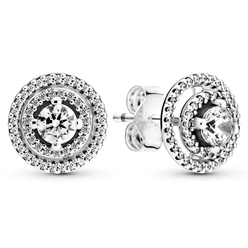 Pendientes de plata de ley 925 para mujer, aretes brillantes de doble Halo, Forget Me Not With Crystal Stud, regalo de moda, joyería DIY