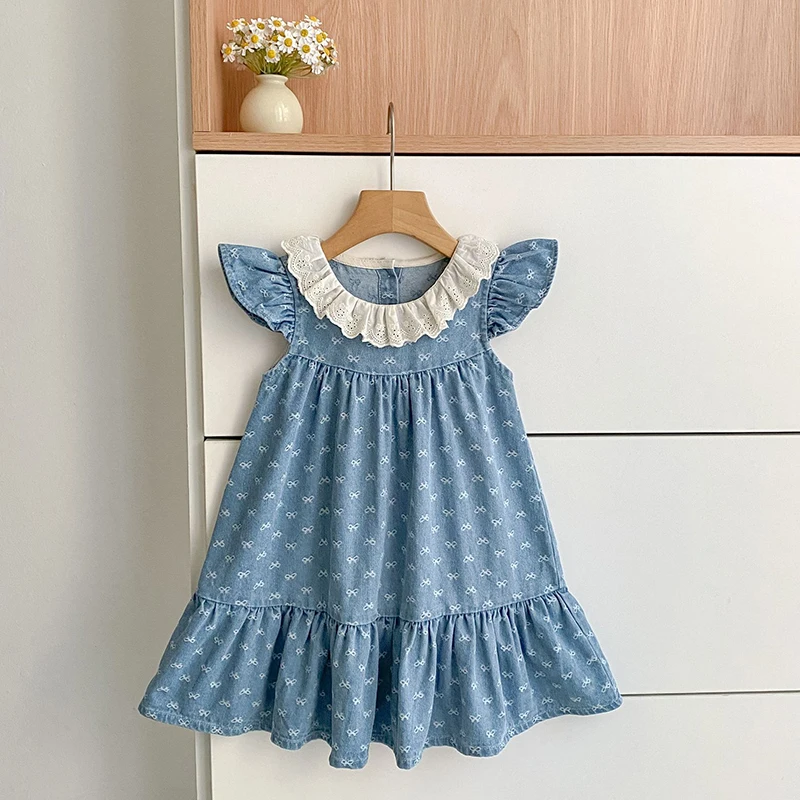 2026 New Summer 2-6Yrs Kids Princess Short Sleeved Solid Color Dresses Sister Clothing Cotton Baby Birthday Party Lace Dress