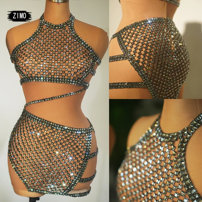 Dorosłe kobiety siatka z kryształkami przezroczysta seksowna suknia wieczorowa występ na scenie urodziny piosenkarka taniec festiwal pokaż kostiumy