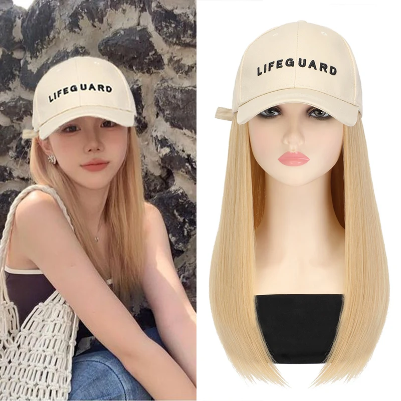 

Shangzi Blonde Long Straight Synthetic Wig Baseball Cap with Hair Extensions Hat Wigs Bone Natural Black Connect Wig Adjustable