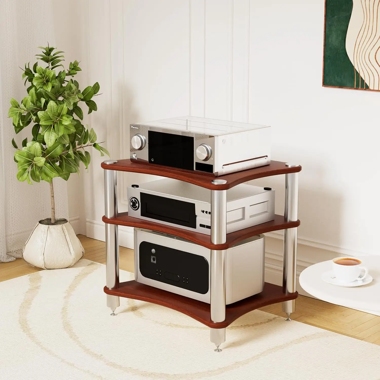 Open Air Audio Stand Three Shelf Stereo Rack Dark Wood
