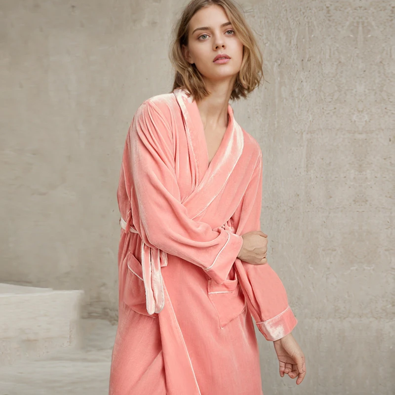 Winsleter, Base Yarn 19MM 100%Real Silk Velvet Night-robe, Women Long Sleeve Lace-up, Warm Pajamas Robe, Autumn Winter P49956CC