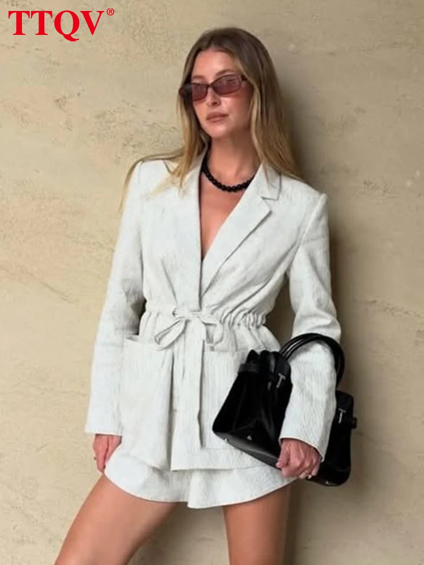 

TTQV Fashion Loose White Stripe Office Women's Two Pieces Set 2026 Elegant Long Sleeve Shirt With High Waist Shorts Set Female