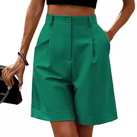 Women Green Wide Leg Shorts Casual Casial Suit Fabric Knee Length Trousers Female Capris Bermuda Suit Pant Шорты Korean Fashion