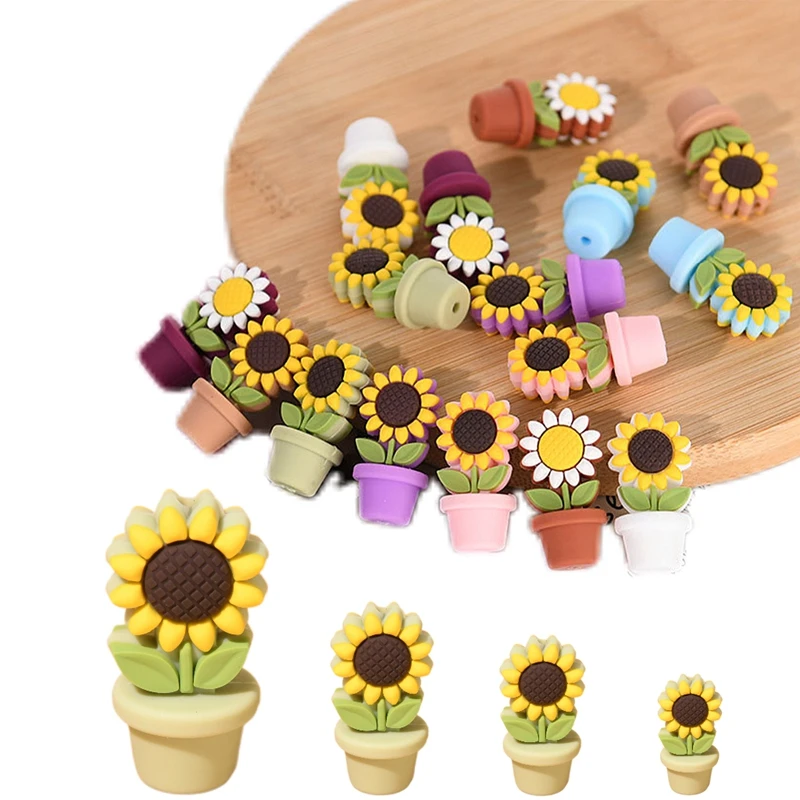 5/10 Uds nuevas cuentas de silicona macetas de girasol cuentas focales DIY pluma con cuentas hecha a mano llavero collar accesorios para la fabricación de joyas