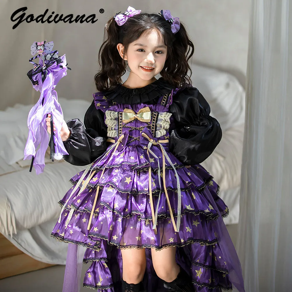 Little Girls' Elegant Gothic Lolita Birthday Party Princess Dress Cute Back Bow Tail Baby Girls Gown Dress Autumn Dinner Dresses