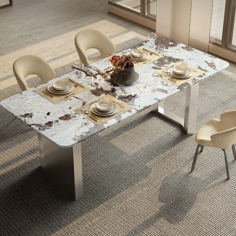 Italian Style Light Luxury Dining Table Glossy Marble Texture Sintered Stone Top Stainless Steel Legs Home Dining Furniture