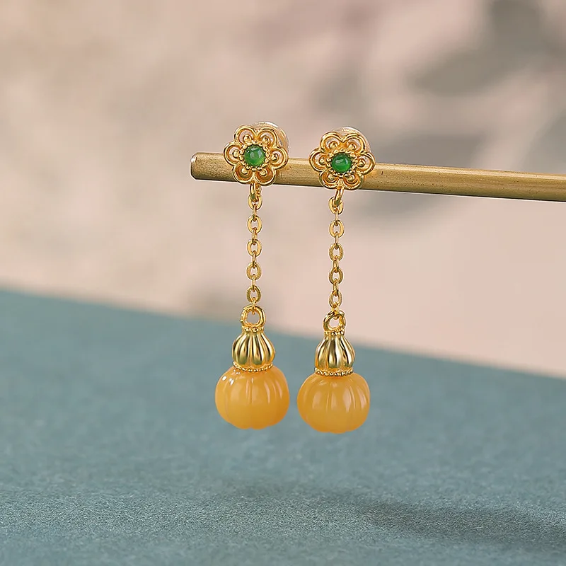 

S925 Sterling Silver Gold-Plated Amber Plum Blossom Gourd Pumpkin Bead Elegant Earrings Studs Ear Pendants