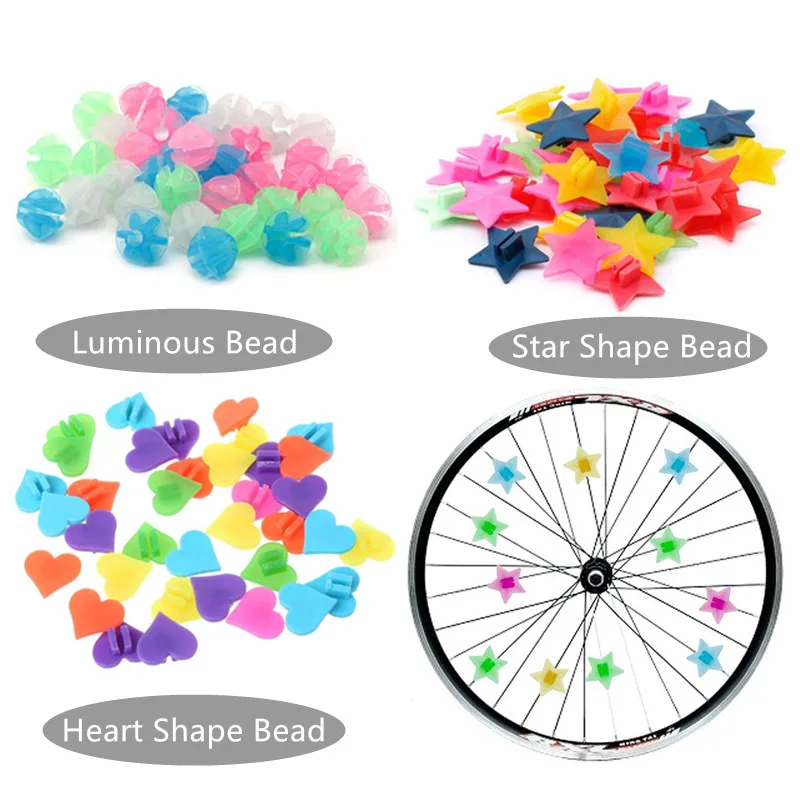 36Pcs Bike Wheel Spoke Beads Multiple Colorful Heart-Shaped Stars Steel Wire Spokes Decoration Children Bike Plastic Spoke Bead