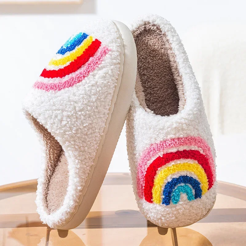 Women Rainbow Slippers Men Retro Preppy Slippers Winter Warm Plush House Fluffy Living Room Shoes Female New Christmas Gifts