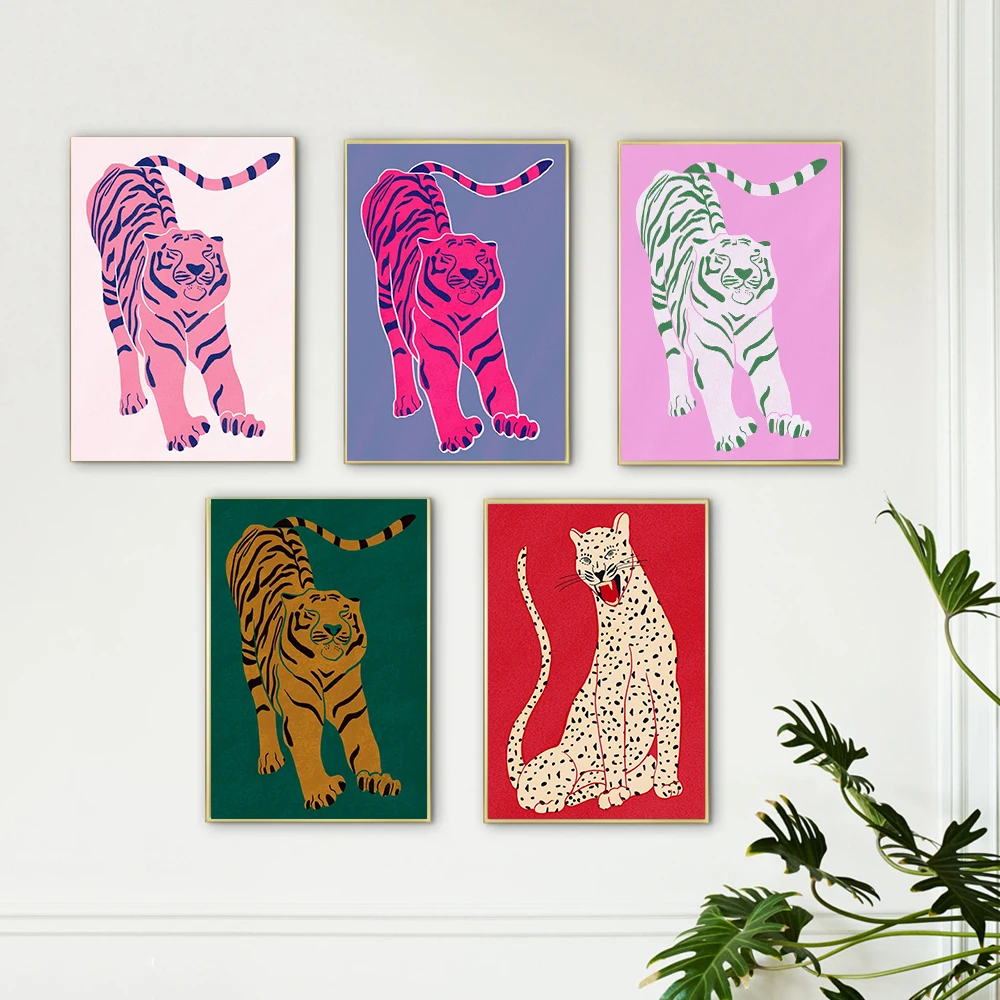 Abstract Animal Beast Posters Prints Red Pink Green Tiger Doesnt Lose Sleep Canvas Painting Wall Art Pictures Nordic Home Decor